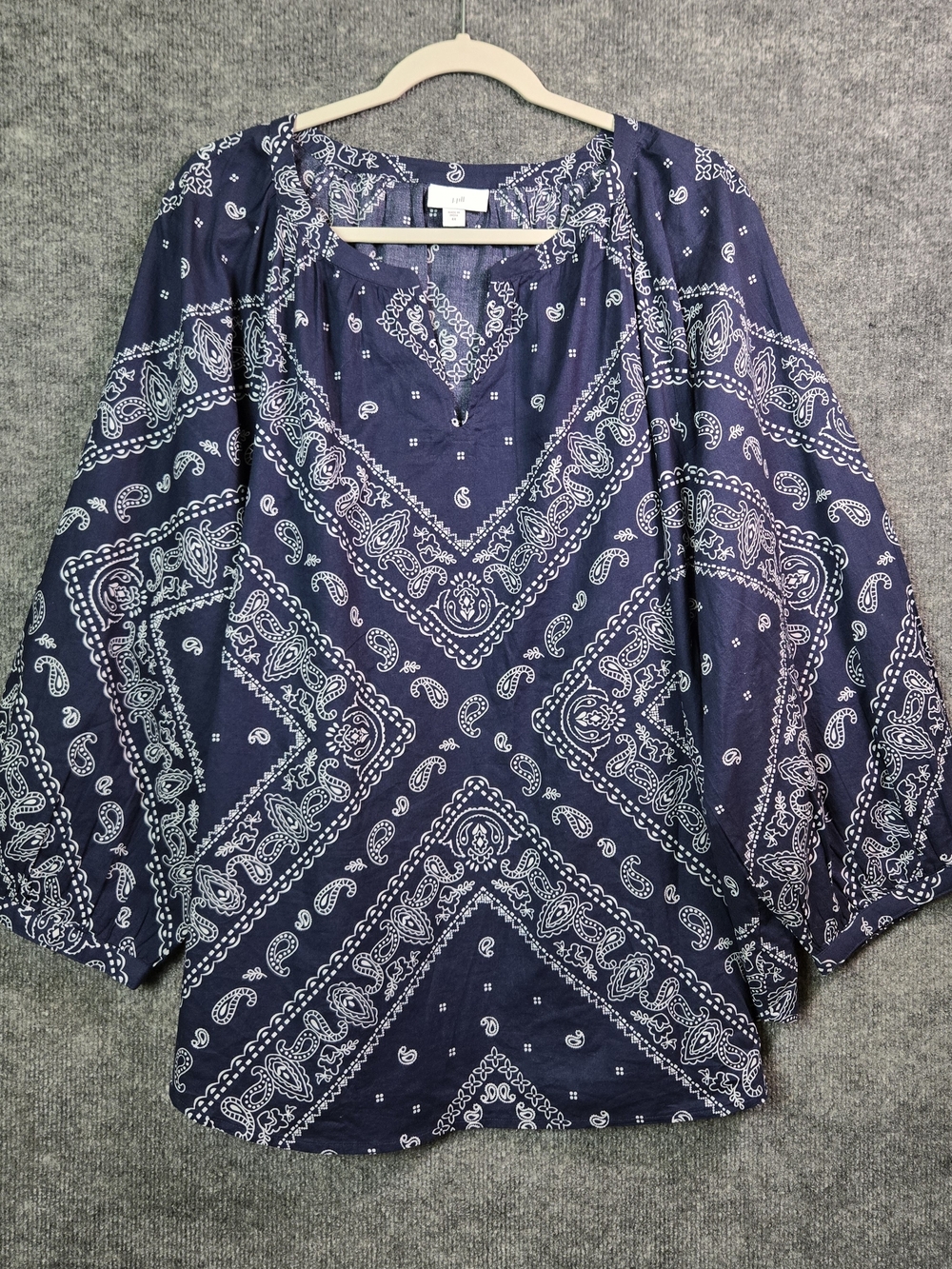 J Jill Top Womens 4X Blue Paisley Cotton Bandana Puff Sleeve Hippie Boho Scarf